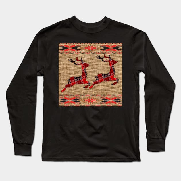 Christmas Deer Plaid Rustic Burlap Look Bedding, Pillows & Other Unique Gifts Long Sleeve T-Shirt by tamdevo1